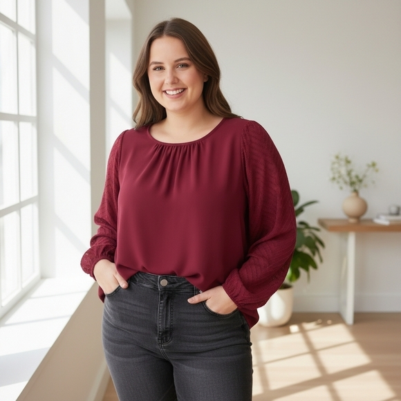 Burgundy Blouse Women's 2X with Patterned Sleeves Romance Valentine's Date - Picture 2 of 8